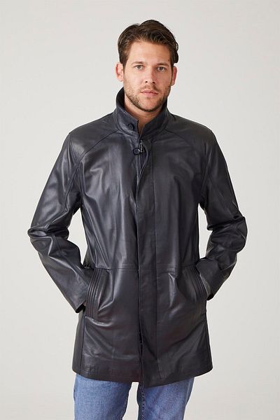 Deriderim Navy Blue Weston Lined Zippered and Buttoned Knitwear Men's Genuine Leather Coat