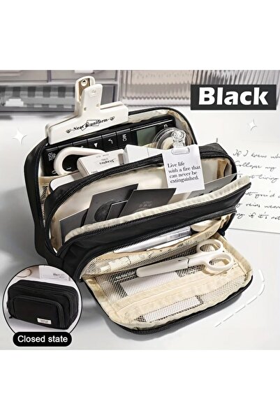 Choice With logo-Black Kawaii Pencil Case 3 Layers Cute Pen Bag Large Capacit...