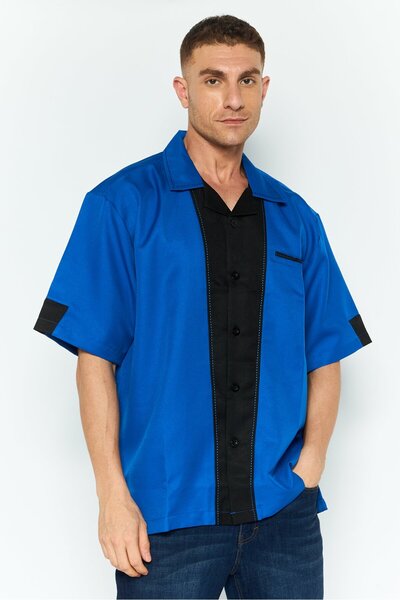 HİLTON قميص رجالي كاجوال بأكمام قصيرة وياقة منتشرة بلونين، أزرق
