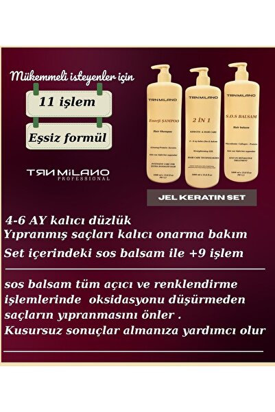TRN MİLANO Keratin 1 lt + S.o.s Balsam 1 lt+ Enerji Şampuan 1 lt Profesyonel 3'lü Keratin Set 2in1