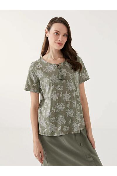 LC Waikiki Γυναικεία μπλούζα LCW Grace με πράσινο δεμένο λαιμόκοψη με λουλούδια