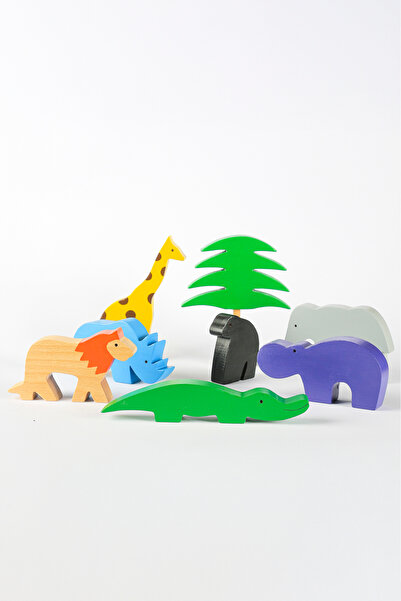 MUCİT KİDS Ahşap Oyuncak Safari Hayvanları Seti – Montessori Uyumlu Doğal Ahş...