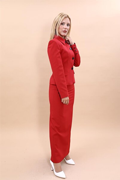 ÖNDER ÖZSOY Peplum Ceket & Uzun Kalem Etek Takım-Kırmızı