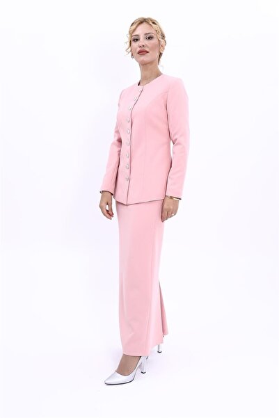 ÖNDER ÖZSOY Zero Neckline Buttoned Jacket & Long Straight Tight Skirt - Powde...