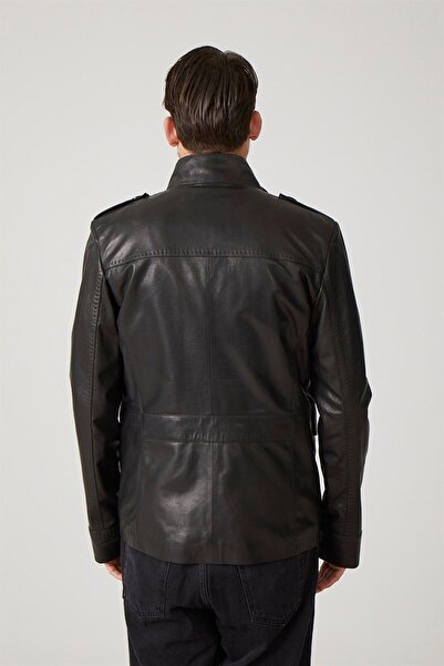 Deriderim Black Felix Men's Genuine Leather Coat with Zippered Lining and Pocket Detail