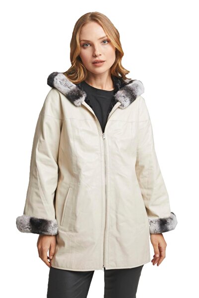 Deriderim Bej Perla Geniş Kesim Içi Kumaş Çift Taraflı Kapüşon Ve Kol Ağzı Kürklü Kadın Hakiki Deri Kaban