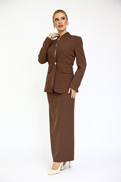 ÖNDER ÖZSOY Yakasız Ceket  & Uzun Kalem Etek Takım-Kestane