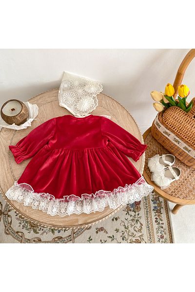nannie Red Velvet Dress for Girls - 3-4 years