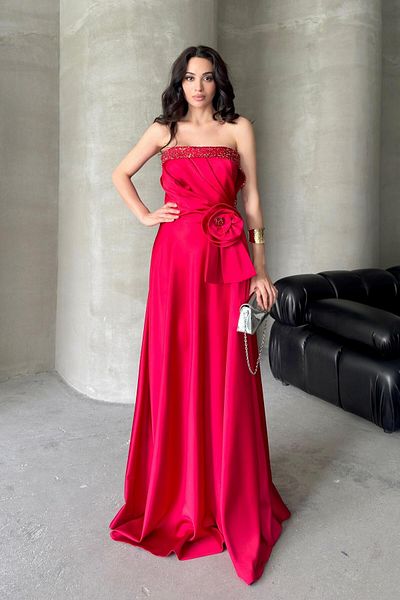 Serica Moda Floral Detailed Evening Dress with Red Stone Accessories