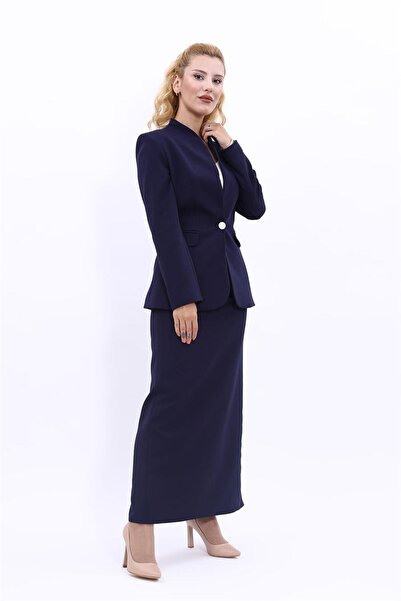 ÖNDER ÖZSOY Yakasız Ceket  & Uzun Kalem Etek Takım-Lacivert