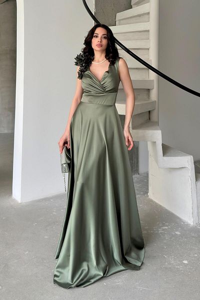 Serica Moda Khaki Double Breasted Collar Shoulder Detailed Satin Evening Dress