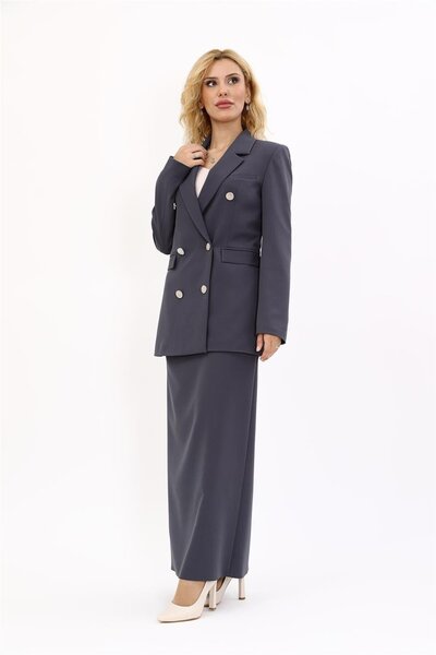 ÖNDER ÖZSOY Erkek Yaka Kuruvaze Blazer Ceket & Uzun Düz Dar Etek-Füme