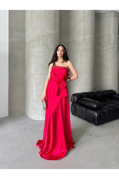 Serica Moda Kırmızı Taş Aksesuarlı Çiçek Detaylı Abiye Elbise