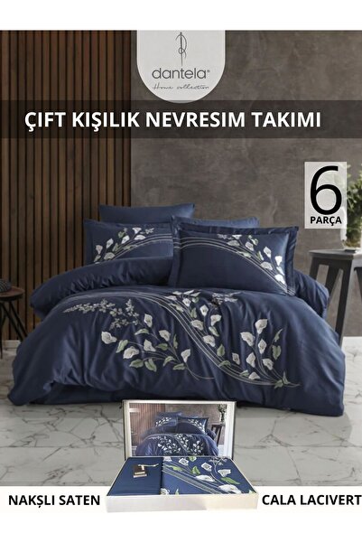 Dantela CALA Lacivert Nakışlı Pamuk Saten Nevresim Takımı 6 parca