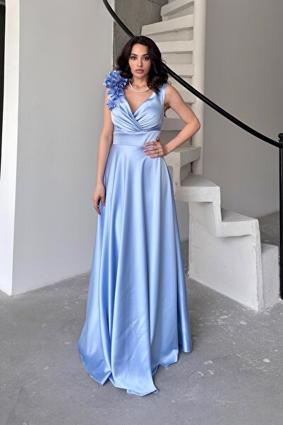 Serica Moda Βρεφικό μπλε διπλό γιακά με λεπτομέρεια σατέν βραδινό φόρεμα