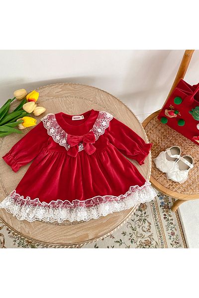nannie Red Velvet Dress for Girls - 3-4 years