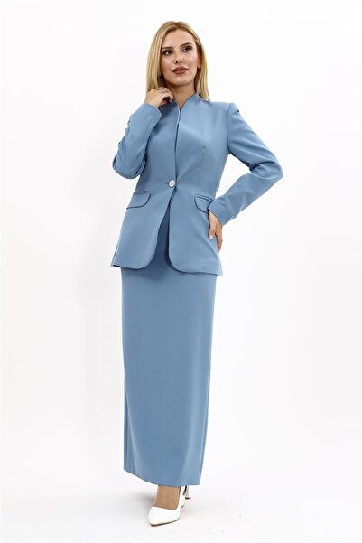 ÖNDER ÖZSOY Self-Standing Collar Jacket & Long Straight Skirt-Navy - 1072553