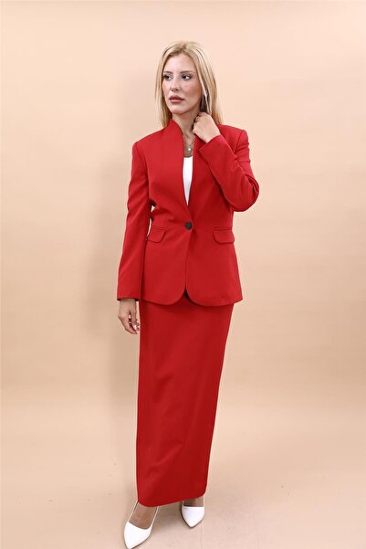 ÖNDER ÖZSOY Self-Standing Collar Jacket & Long Straight Tight Skirt - Red - 1...