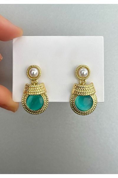 Bijou Luz Gold Pearl Detailed Stone Earrings