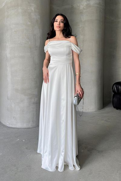 Serica Moda White Stone Strap Low Sleeve Satin Evening Dress