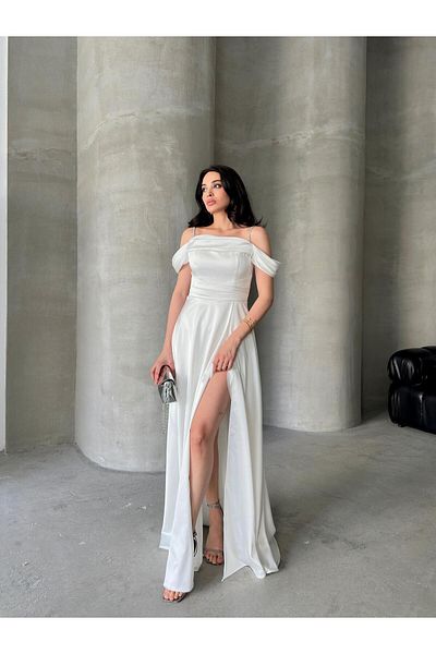 Serica Moda White Stone Strap Low Sleeve Satin Evening Dress