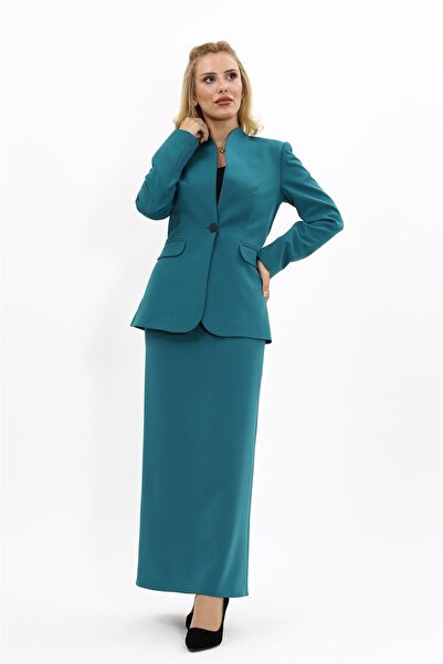 ÖNDER ÖZSOY Self-Standing Collar Jacket & Long Straight Skirt - Petrol - 1072553