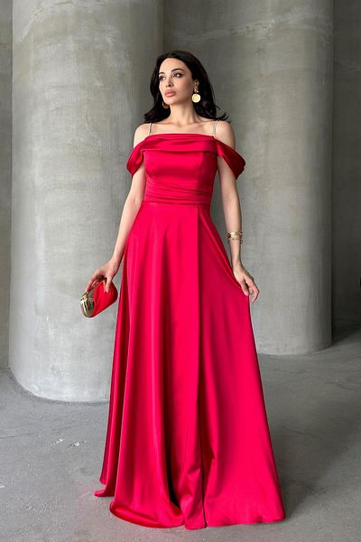 Serica Moda Red Stone Strap Low Sleeve Satin Evening Dress