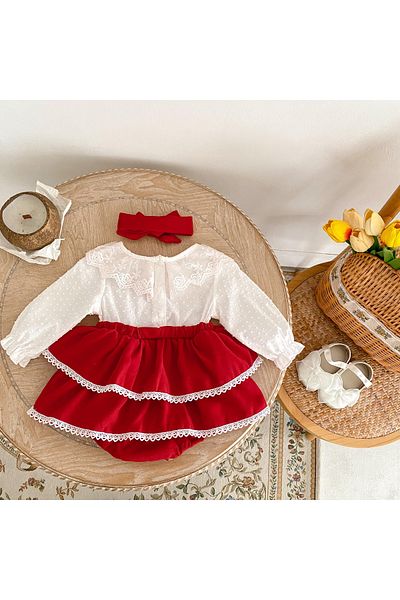 nannie Red Girl's Dress With White Lace - 12-18 Months