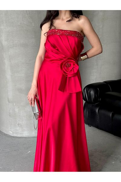 Serica Moda Floral Detailed Evening Dress with Red Stone Accessories
