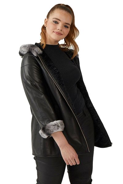 Deriderim Black Perla Wide Cut Inside Fabric Double Sided Hood and Sleeve Furry Women's Genuine Leather Coat