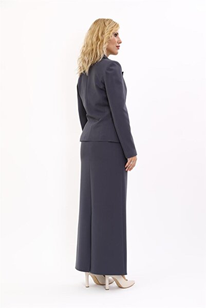 ÖNDER ÖZSOY Yakalı Tek Düğmeli Ceket & Uzun Kalem Etek Takım-Füme