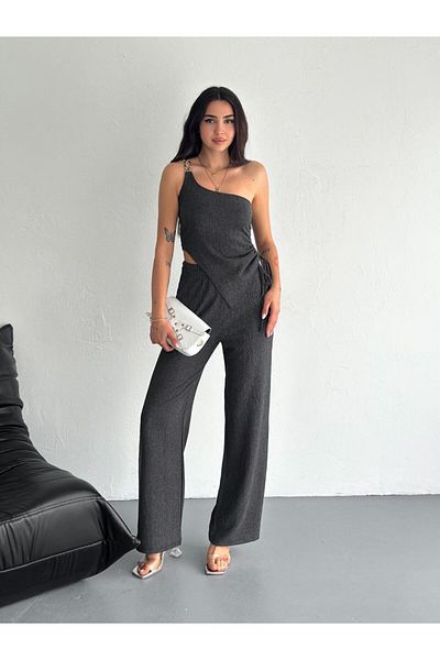 SEVENLINE Women's One Sleeve Side Gathered Blouse Asymmetrical Bottom Top Set