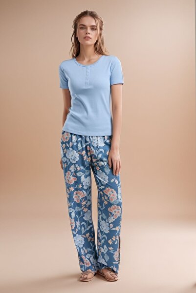 Loule Жіночий піжамний комплект з рукавами та візерунком, синій низ і верх