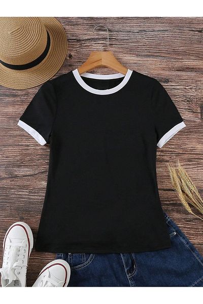 Boi Tricou interlock din bumbac pieptănat negru-Treu casual cu mânecă scurtă din bumbac negru
