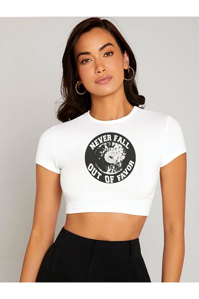 Boi Women's Combed Cotton Lycra Crop T-Shirt - Women's Black and White Never Fall Out Eyes Printed Combed Cotton Crop T-Shirt
