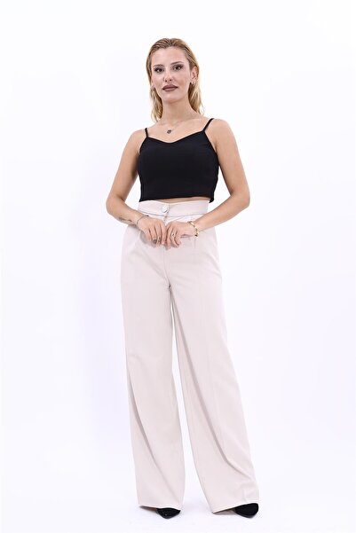 ÖNDER ÖZSOY Corsage Belt Palazzo Trousers-Beige - 5017100