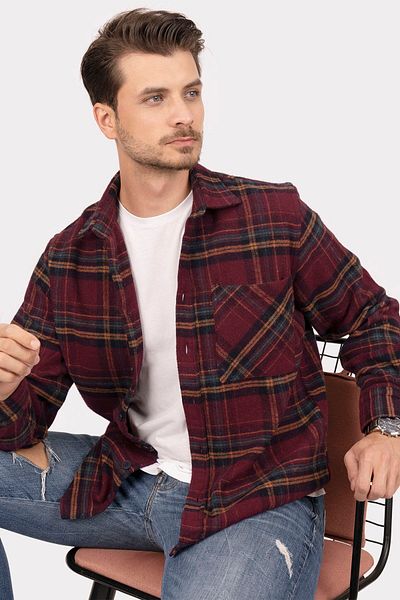 Etikmen Μπορντό κίτρινο ριγέ Oversize Χοντρό πουκάμισο ξυλοκόπο με κουτί δώρου