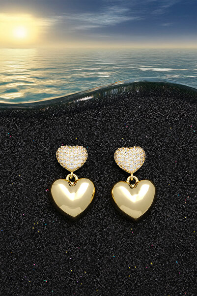 ÖZÜM TAKI Kadın Çelik Kalp Taşlı Küpe Gold