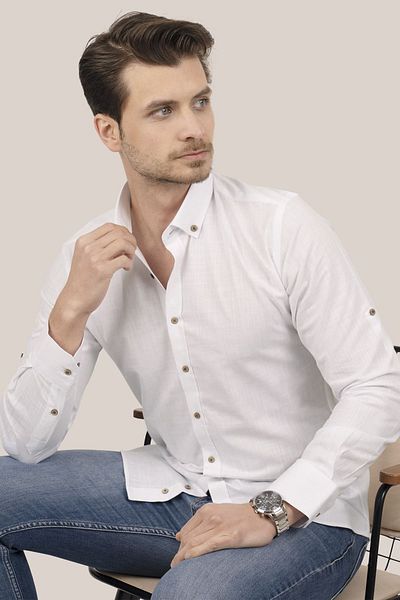 Etikmen Λευκό Καφέ Λινό Slimfit Πουκάμισο με Κουτί δώρου