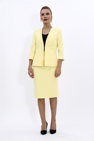 ÖNDER ÖZSOY Plus Size - V-Neck Cropped Jacket & Pencil Skirt Set-Yellow