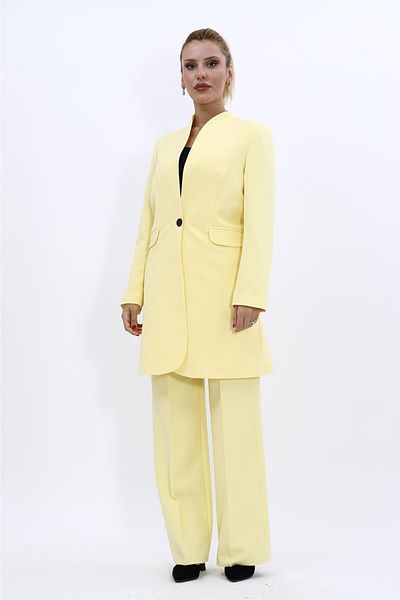 ÖNDER ÖZSOY Plus Size - Long Collarless Jacket & Wide Leg Pants Set-Yellow