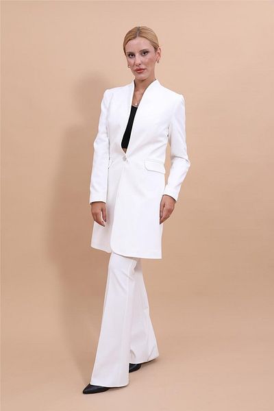 ÖNDER ÖZSOY Plus Size - Long Collarless Jacket & Flared Leg Pants Set-White