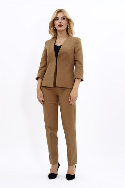 ÖNDER ÖZSOY Plus Size - V-Neck Cropped Jacket & Tube Leg Pants Set-Camel