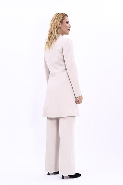 ÖNDER ÖZSOY Plus Size - Long Collarless Jacket & Wide Leg Pants Set-Beige