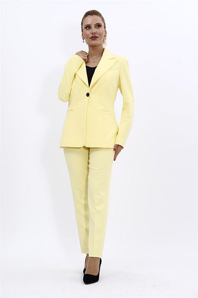 ÖNDER ÖZSOY Plus Size - Collared Classic Jacket & Tube Leg Pants Set-Yellow