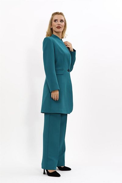 ÖNDER ÖZSOY Long Collarless Jacket & Wide Leg Pants Set-Petrol