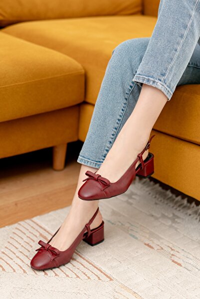 DİVOLYA Livay Burgundy Bow (4 cm) Round Toe Daily Use Heeled Shoes