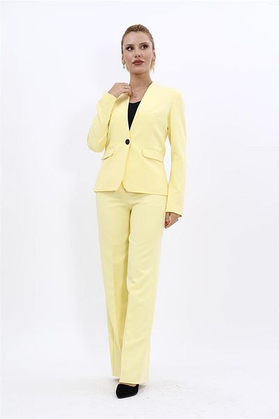ÖNDER ÖZSOY Plus Size - Collarless Single Button Jacket & Wide Leg Pants Set-Yellow
