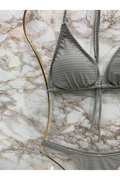 XORVİO Women's New Season Lycra Stretchy Brazillan Bottom Halter Neck Stylish Drawstring Triangle Gray Bikini Set