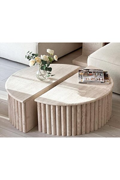 MIARIK DESIGN Sasha - Traverten Genis Papatya Yuvarlak Sehpa